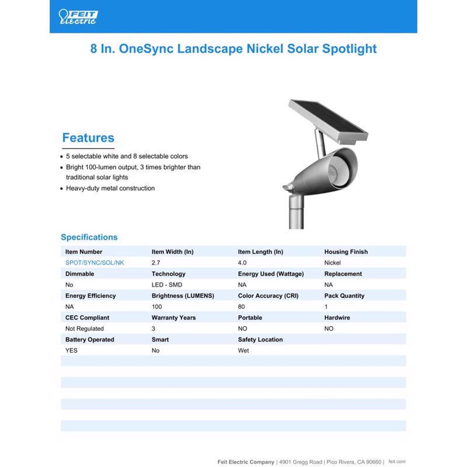 Feit OneSync Brushed Nickel Solar Powered 100 W LED Spotlight 1 pk