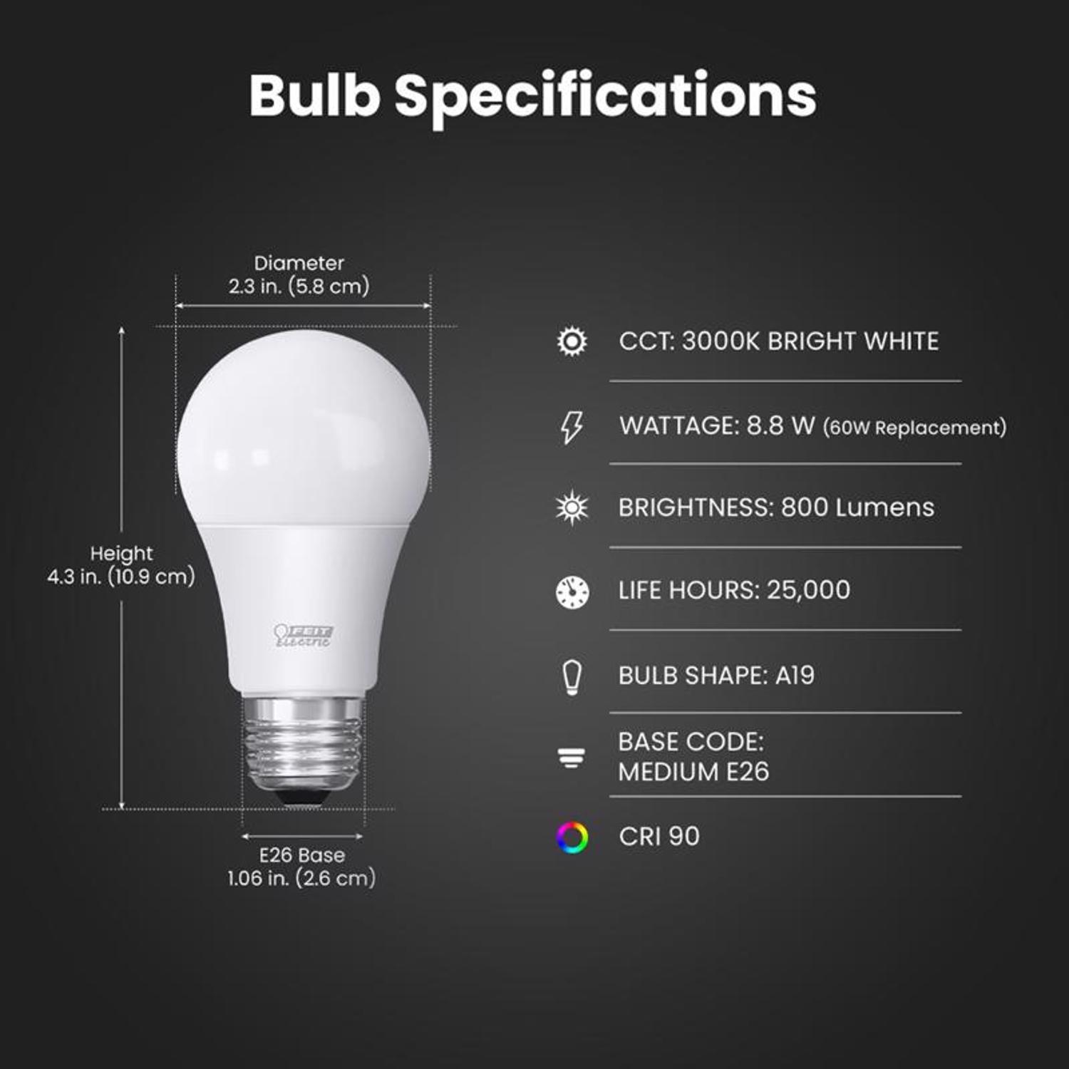 Feit A19 E26 (Medium) LED Bulb Bright White 60 Watt Equivalence 4 pk