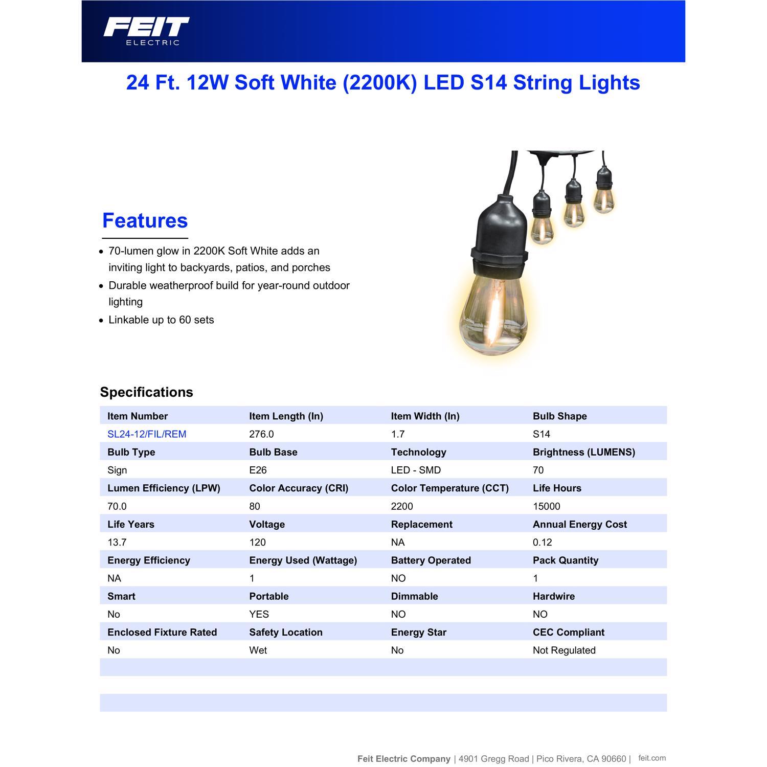 Feit LED String Lights w/Remote Control White 24 ft. 12 lights