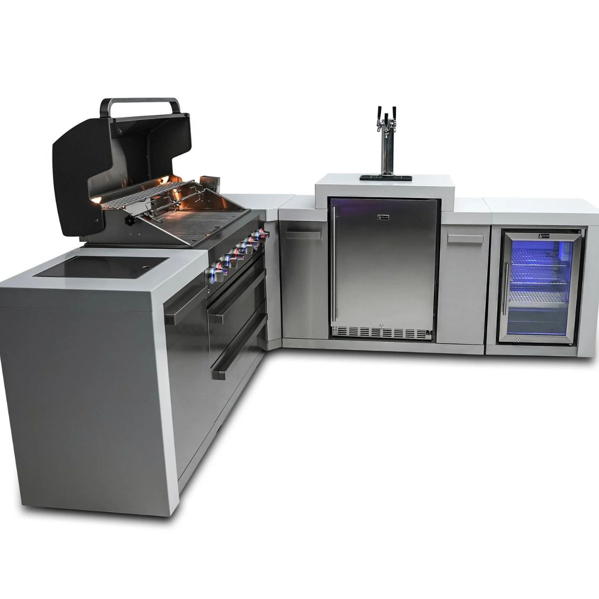 Mont Alpi 6-burner Deluxe Island with a 90-degree corner, kegerator, and fridge cabinet