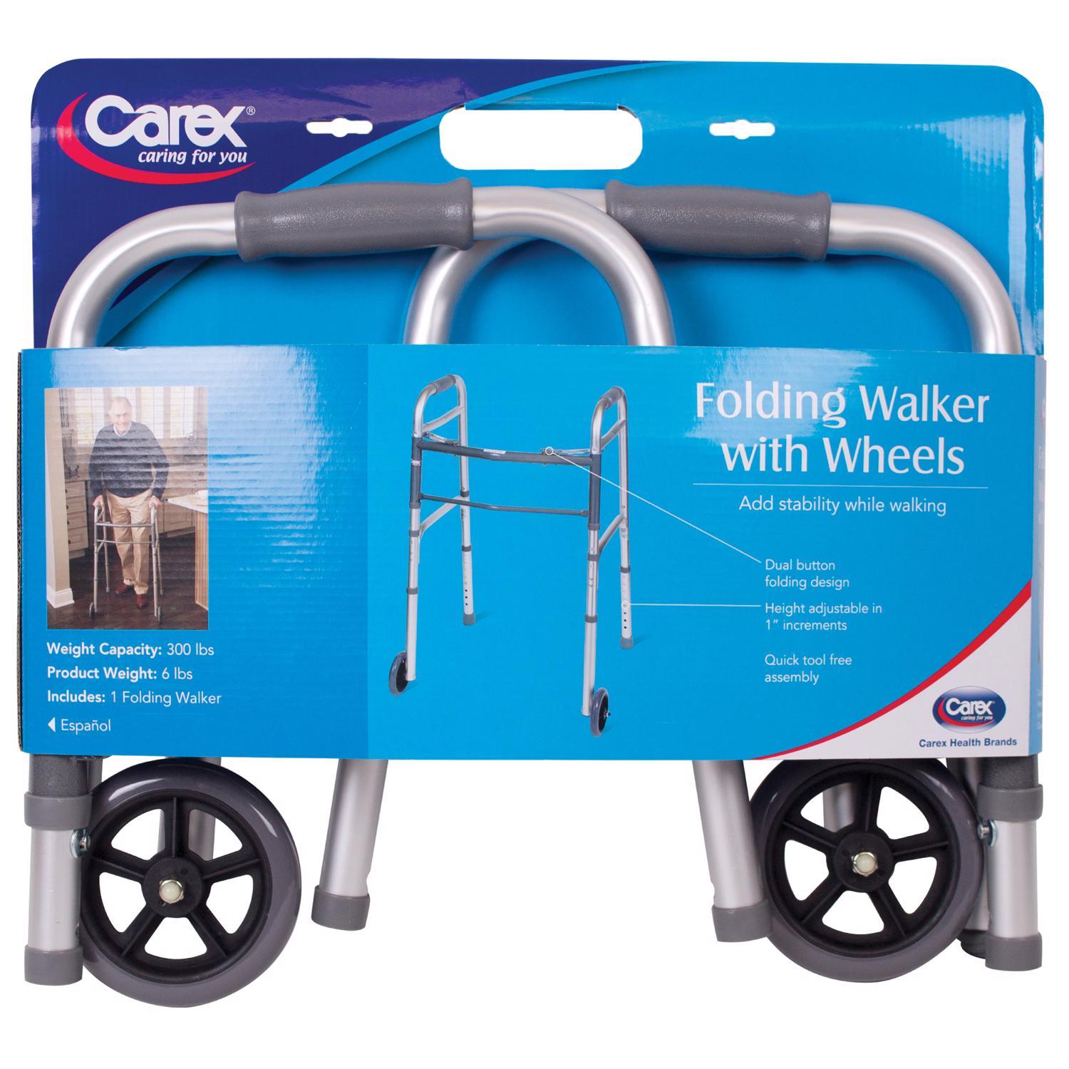 Carex Health Brands Gray Folding Walker W/Wheels Aluminum 37 in. H X 18.63 in. L