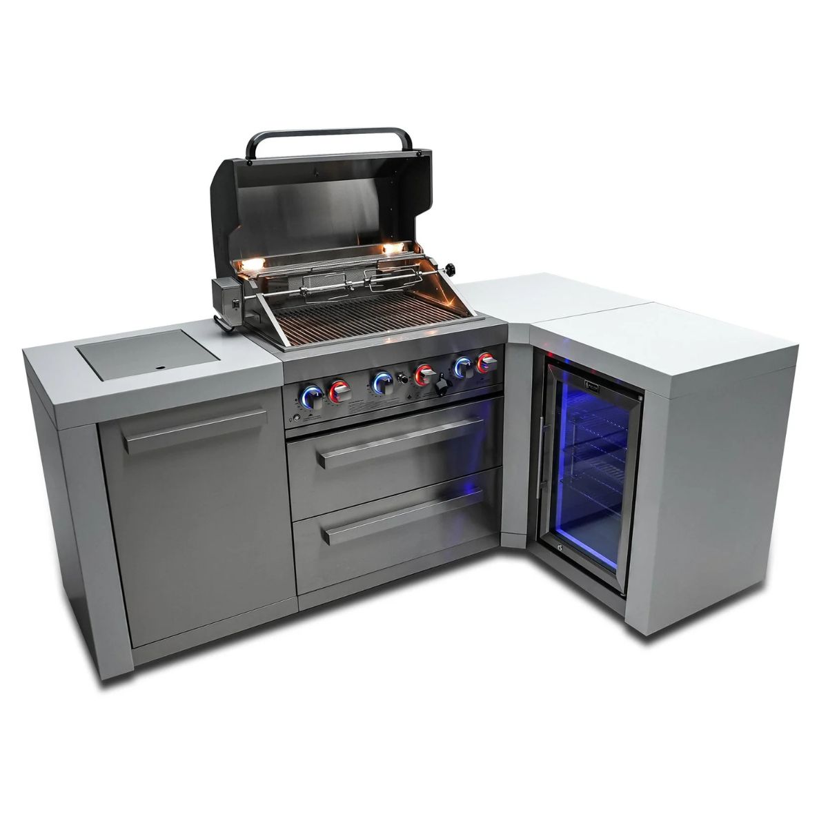 Mont Alpi 4-Burner Deluxe island with a 90-degree corner and a fridge cabinet
