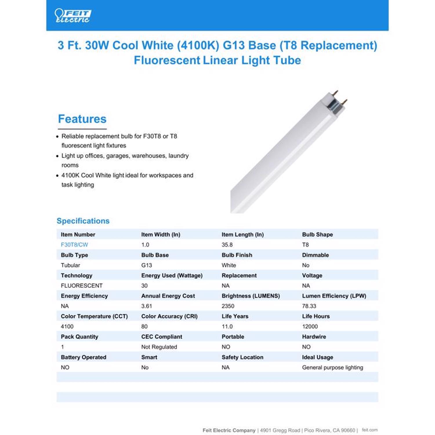 Feit Legacy Bulbs 30 W T8 1 in. D X 35.6 in. L Fluorescent Bulb Cool White Linear 4100 K 1 pk