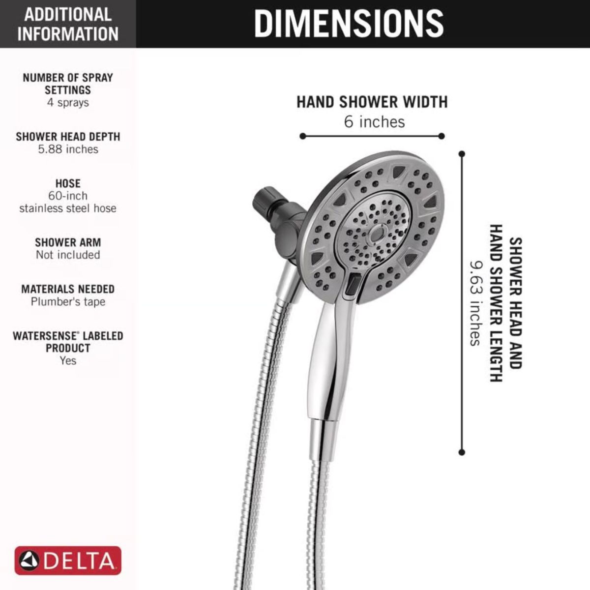 Delta Chrome 4 settings Showerhead Combo 1.75 gpm