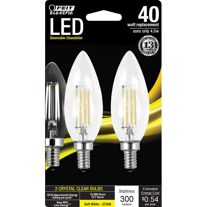 Feit Electric B10 E12 (Candelabra) LED Bulb Soft White 40 Watt Equivalence 2 pk