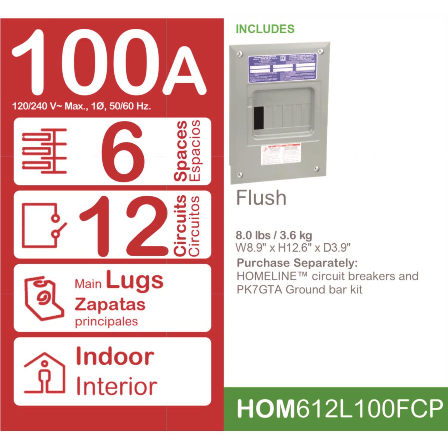 Square D HomeLine 100 amps 120/240 V 6 space 12 circuits Flush Mount Main Lug Load Center