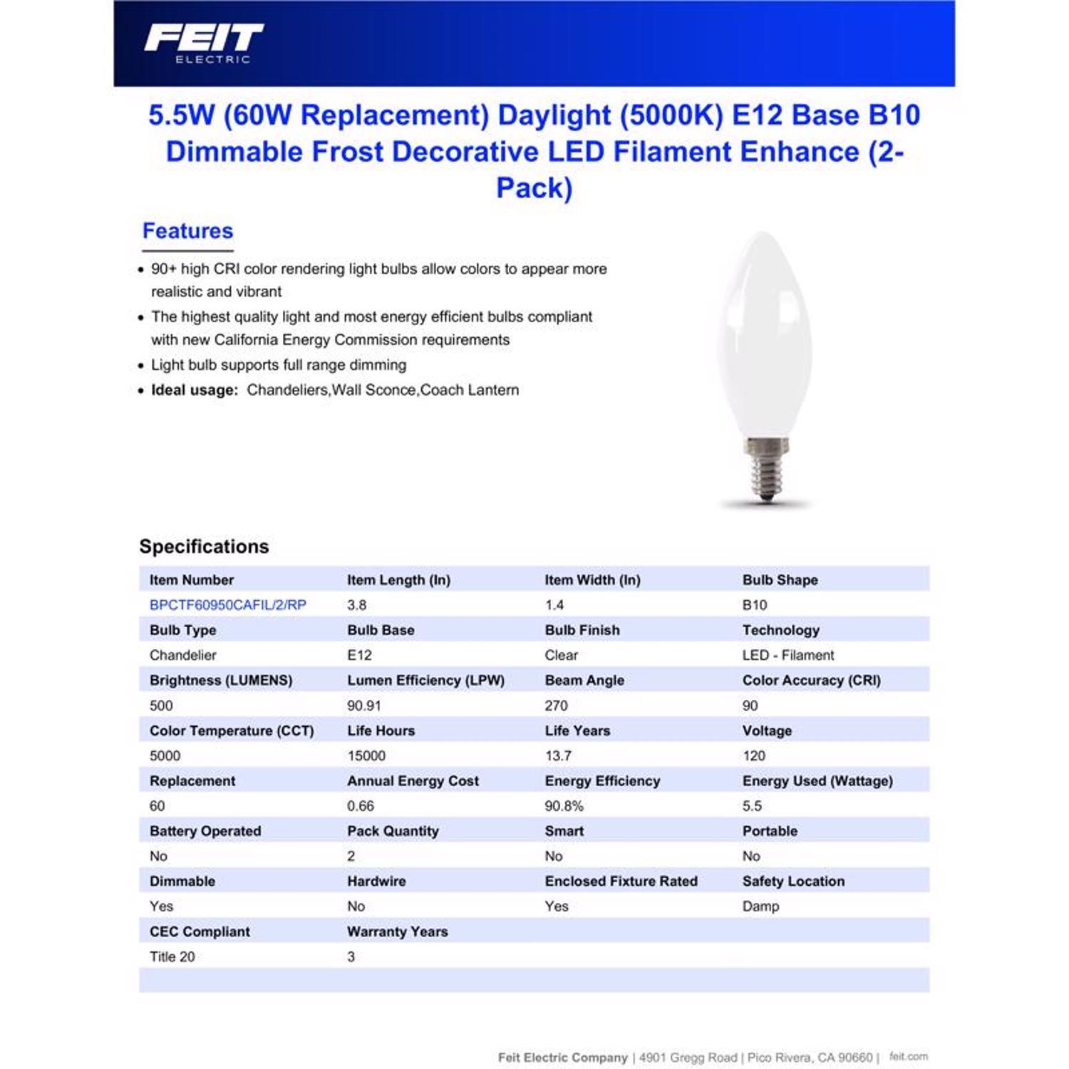 Feit Enhance Blunt Tip E12 (Candelabra) Filament LED Bulb Daylight 60 Watt Equivalence 2 pk