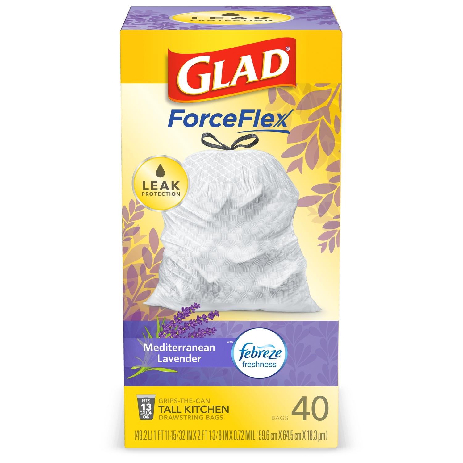 Glad ForceFlex 13 gal Lavender Scent Tall Kitchen Bags Drawstring 40 pk 0.78 mil