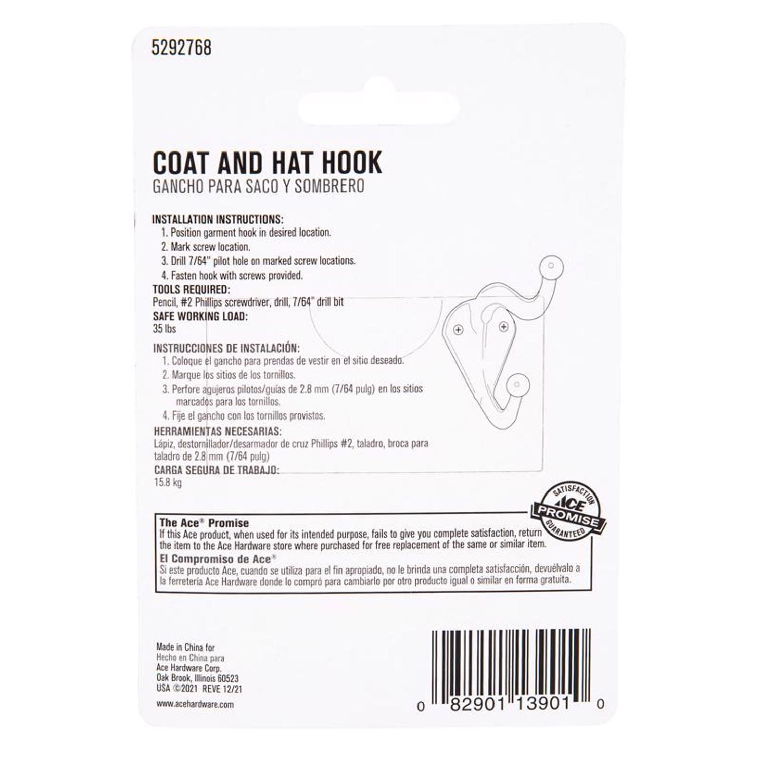 Ace 3 in. L Bright Brass Gold Brass Small Coat and Hat Hook 2 pk