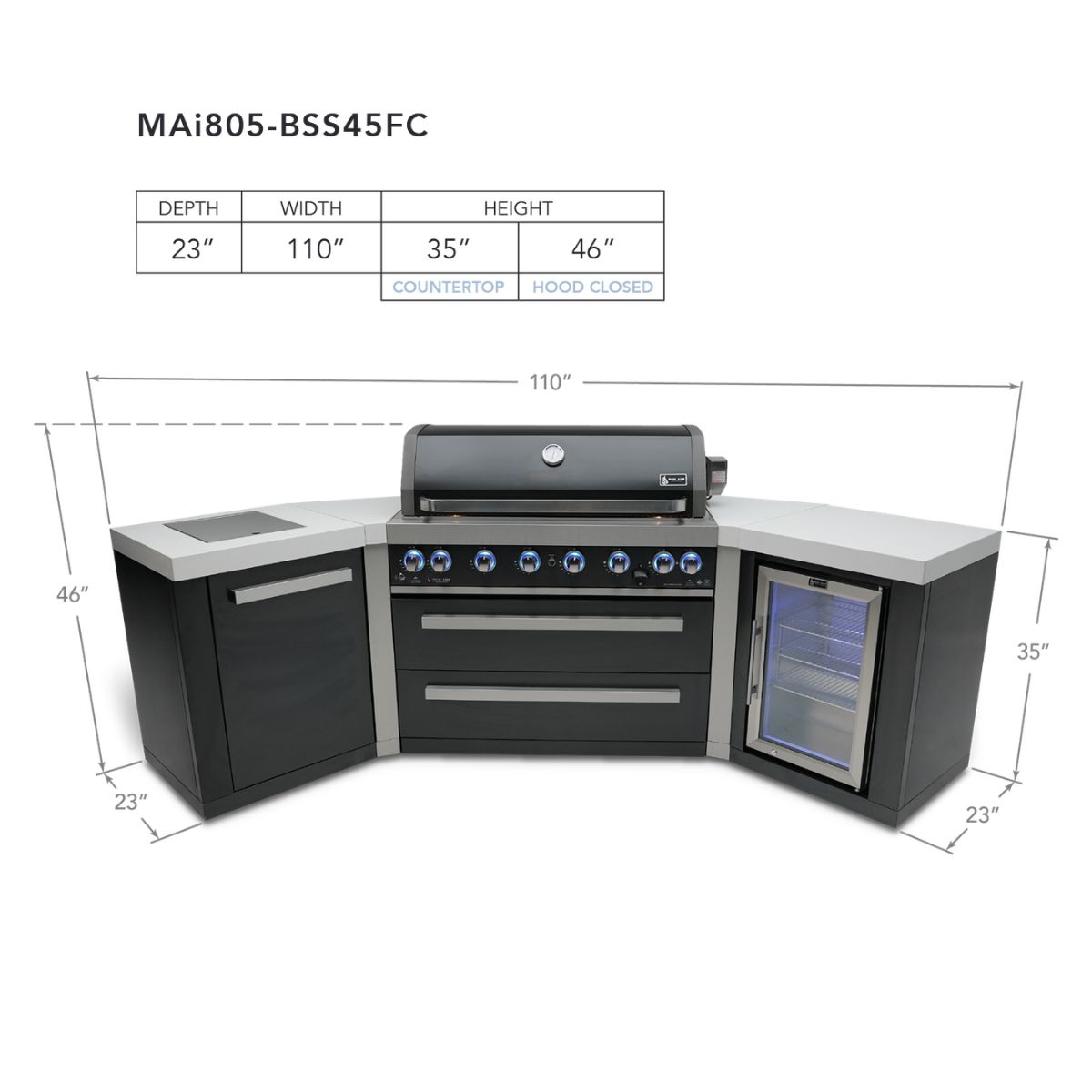 Mont Alpi 805 Black Stainless Steel Island with 45-degree corners and a fridge cabinet