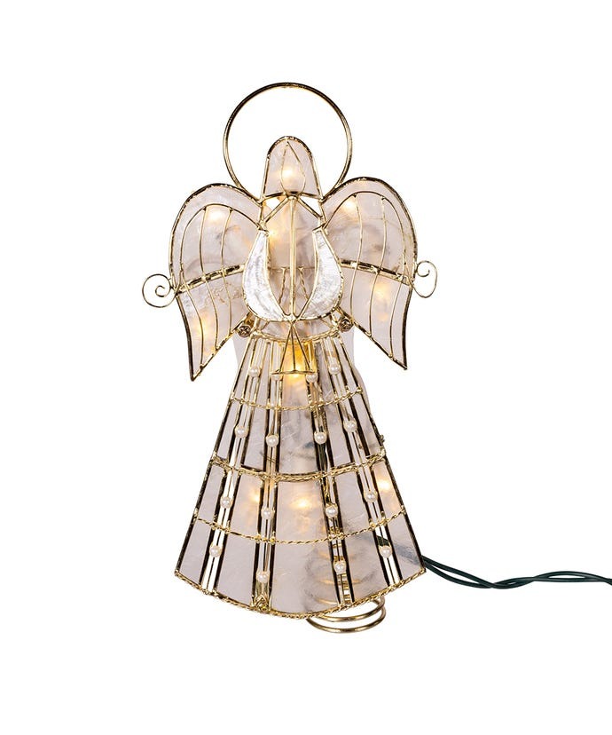 Kurt S. Adler 9.75 in. 10-Light LED Capiz Wire & Scroll Angel With Brass Plating Finish Treetop