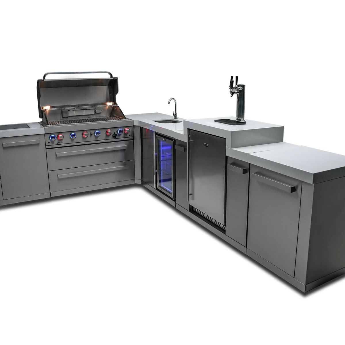 Mont Alpi 6-burner island with a 90-degree corner, kegerator, and beverage center