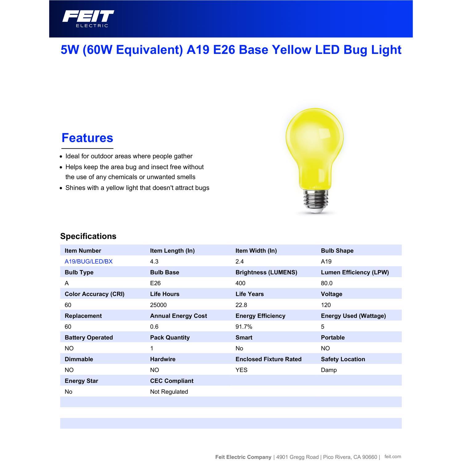 Feit A19 E26 (Medium) LED Bug Light Yellow 60 Watt Equivalence 1 pk
