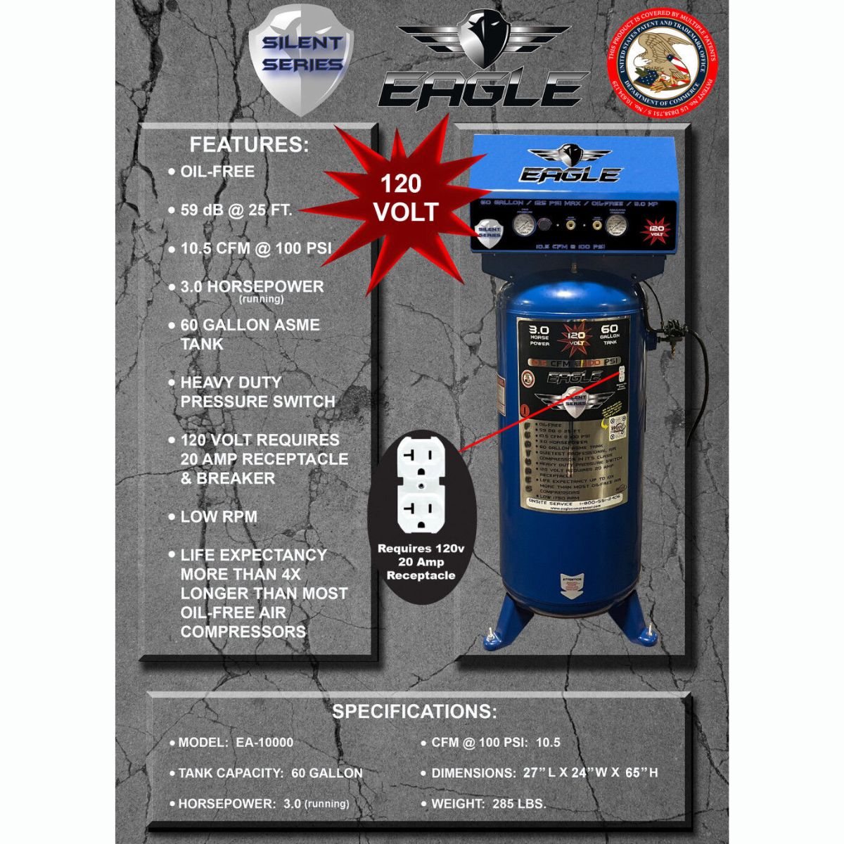 Eagle Compressor Silent Series Air Compressor 60 Gallon Electric Portable