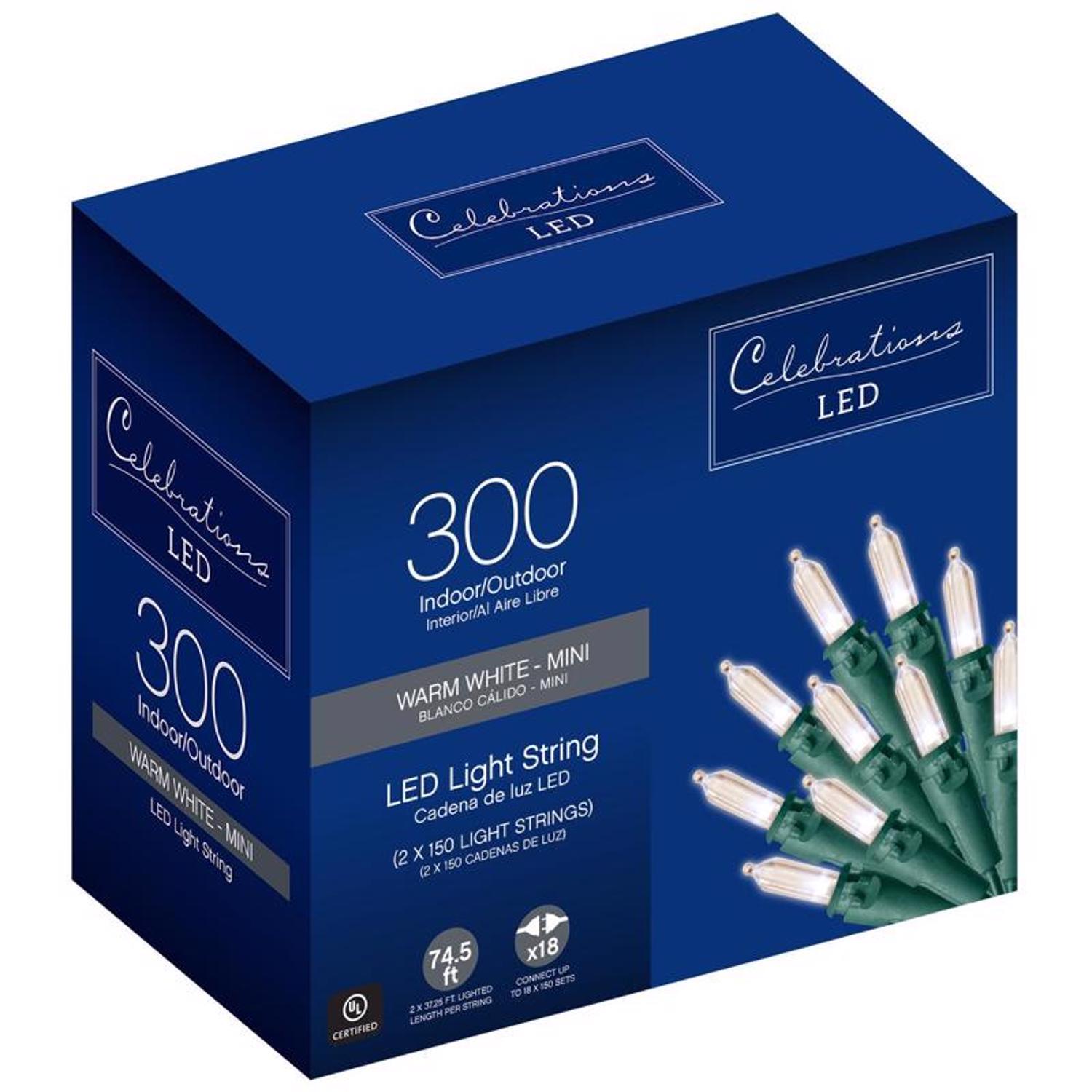 Celebrations Blue LED Mini Warm White 300 ct String Christmas Lights 74.5 ft.