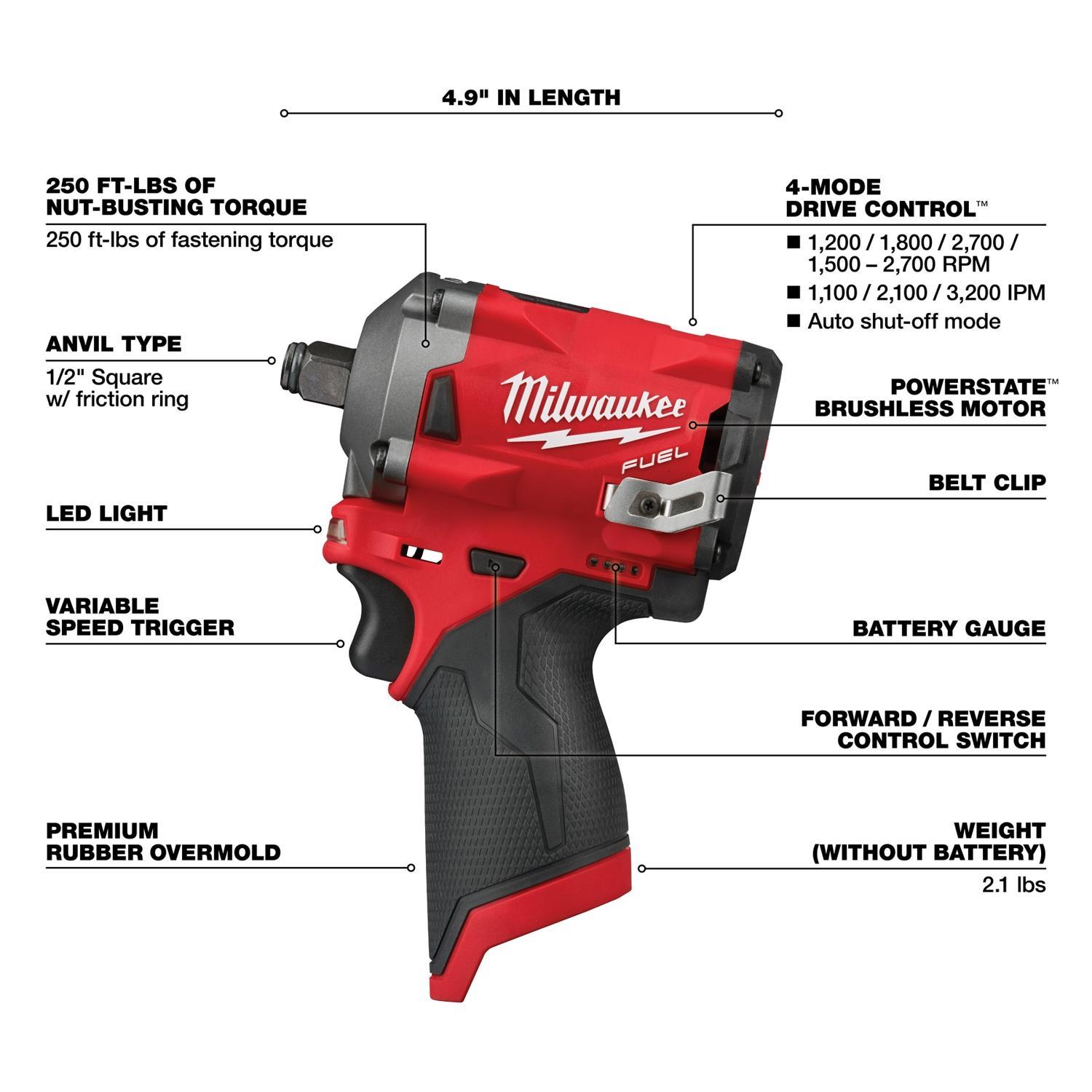 Milwaukee M12 FUEL 1/2 in. Cordless Brushless Stubby Impact Wrench Tool Only