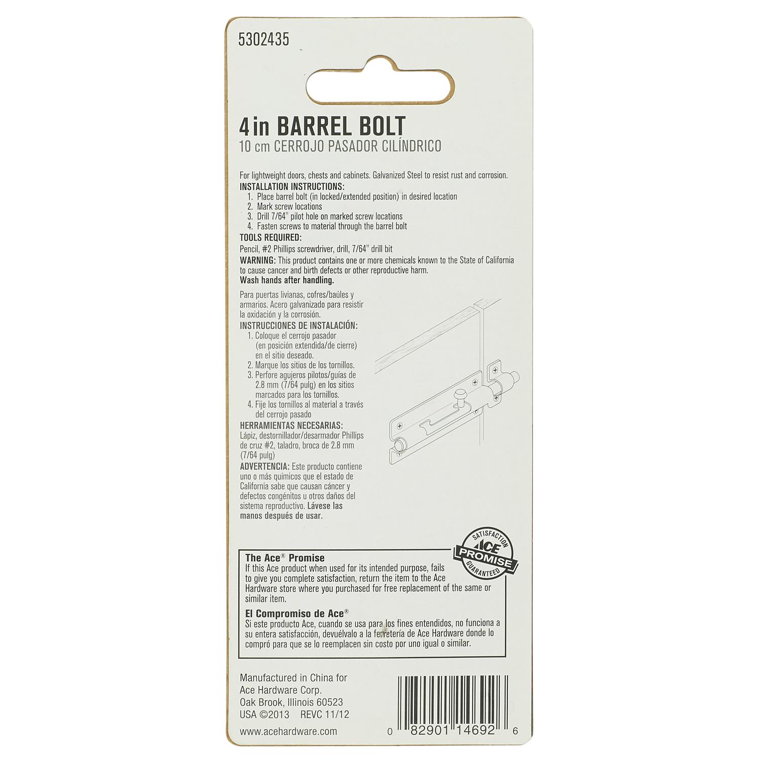 Ace 4 in. L Galvanized Steel Barrel Bolt 1 pk