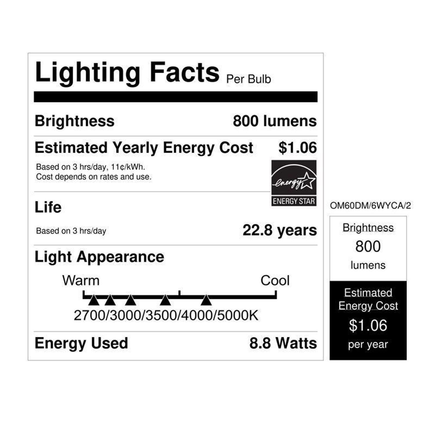 Feit A19 E26 (Medium) LED Bulb Adjustable White 60 Watt Equivalence 2 pk