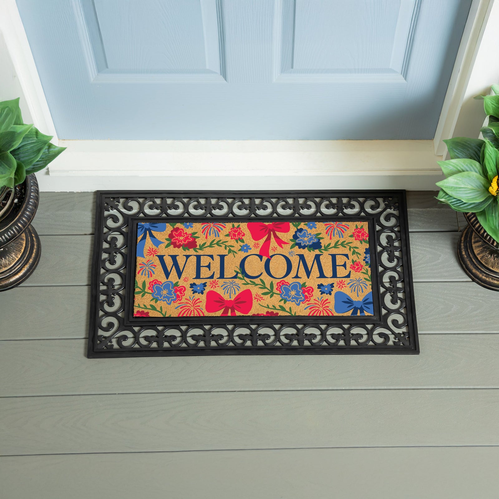 merican Classic Red White & Bows Flocked Coir Sassafras Switch Mat, "Welcome", 22 in. x 10 in.