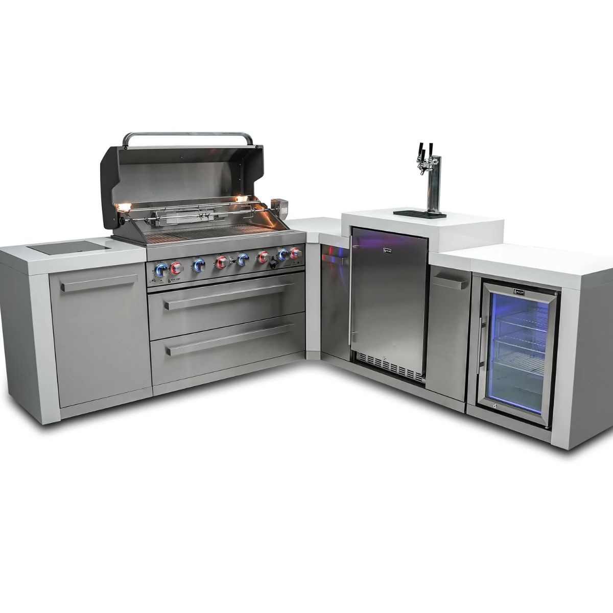 Mont Alpi 6-burner Deluxe Island with a 90-degree corner, kegerator, and fridge cabinet