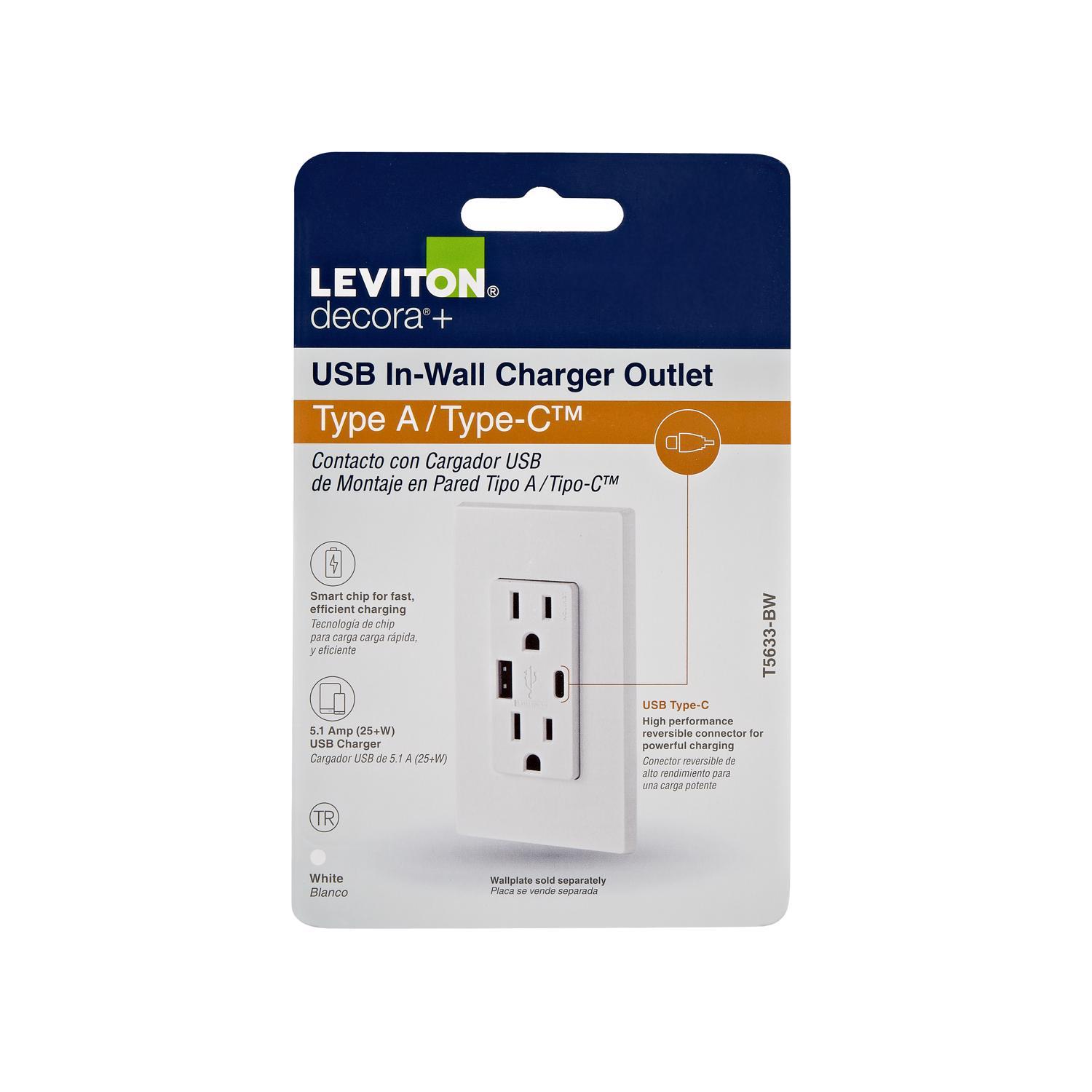 Leviton Decora 15 amps 125 V Type A/C Duplex White Outlet and USB Charger 5-15R 1 pk