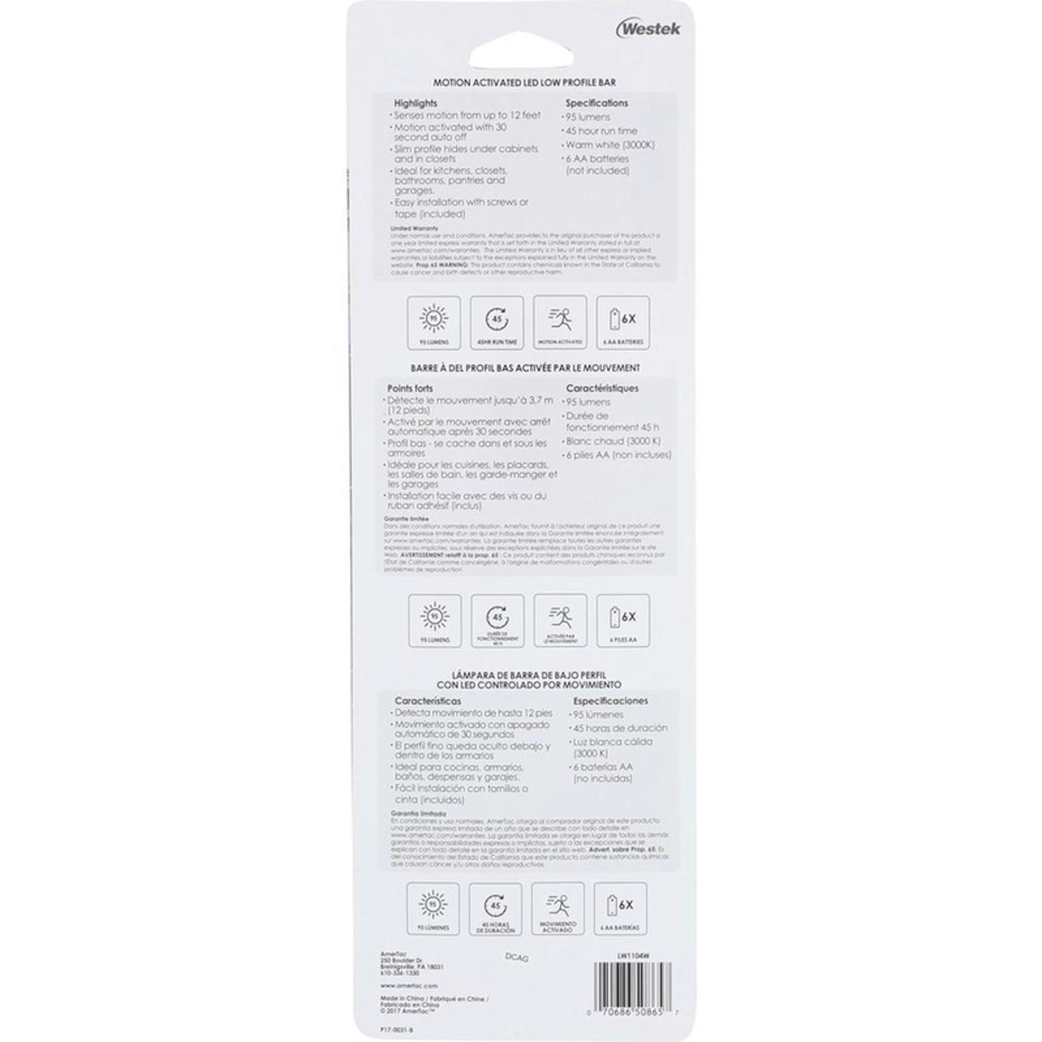 Westek 8.5 in. L White Battery Powered LED Motion Light Bar 95 lm