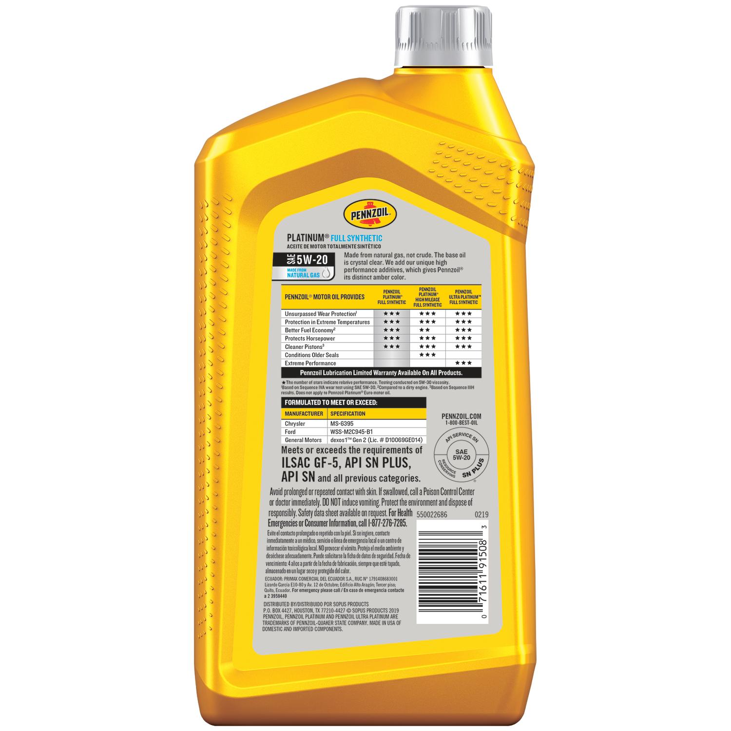 Pennzoil Platinum 5W-20 4-Cycle Synthetic Motor Oil 1 qt 1 pk