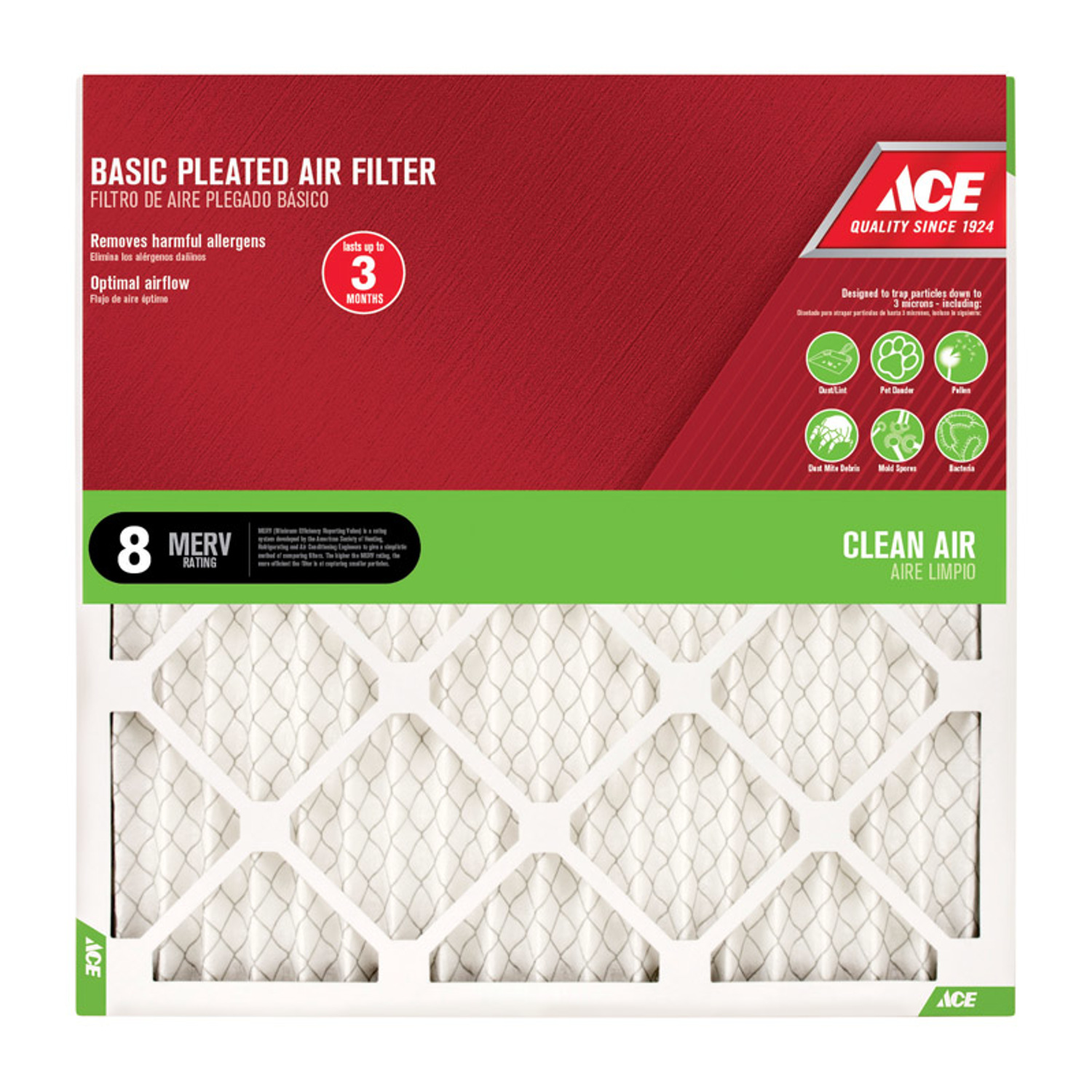 Ace 16 in. W X 16 in. H X 1 in. D Cotton 8 MERV Pleated Air Filter 1 pk