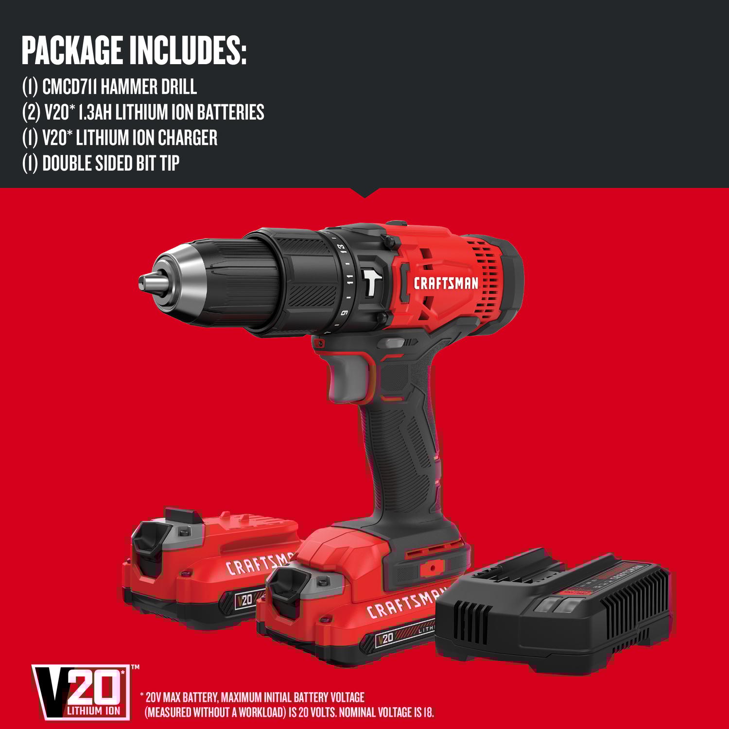 Craftsman V20 1/2 in. Brushed Cordless Hammer Drill Kit (Battery & Charger)