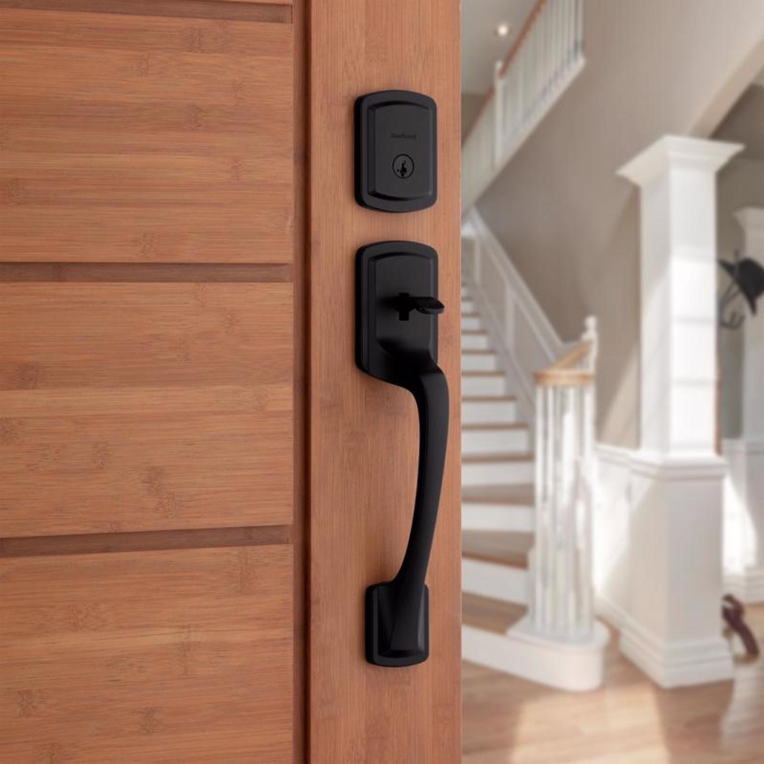 Kwikset Prague Matte Black Entry Handleset 1-3/4 in.