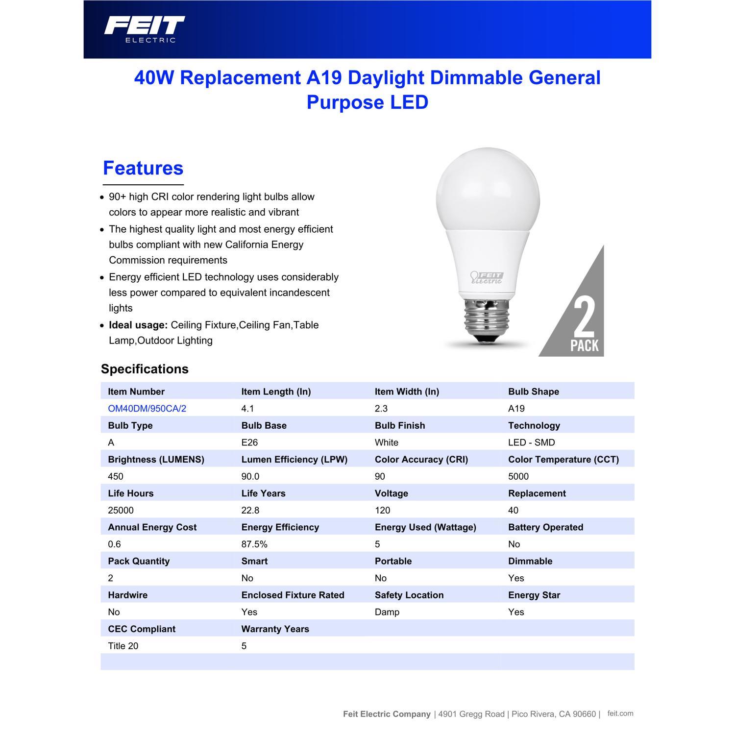 Feit Enhance A19 E26 (Medium) LED Bulb Daylight 40 Watt Equivalence 2 pk