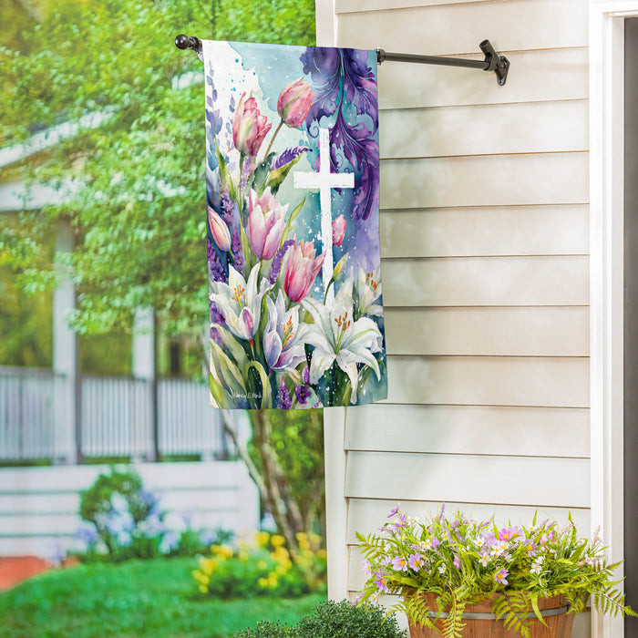 Evergreen Garden Flag Tulip and Easter Lily Cross Suede