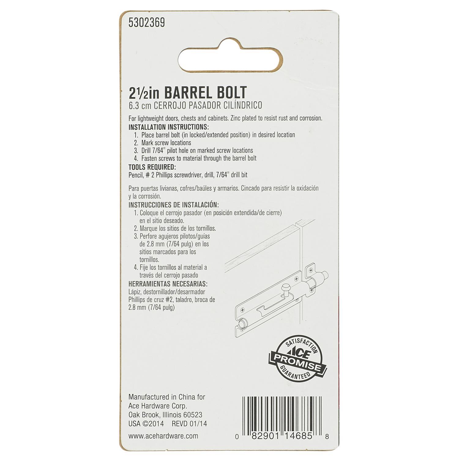 Ace 2.5 in. L Brass-Plated Steel Barrel Bolt 1 pk