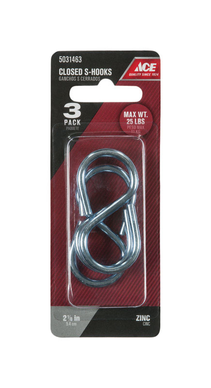 Ace Small Zinc-Plated Silver Steel 2-1/8 in. L Closed S-Hook 25 lb 3 pk ...