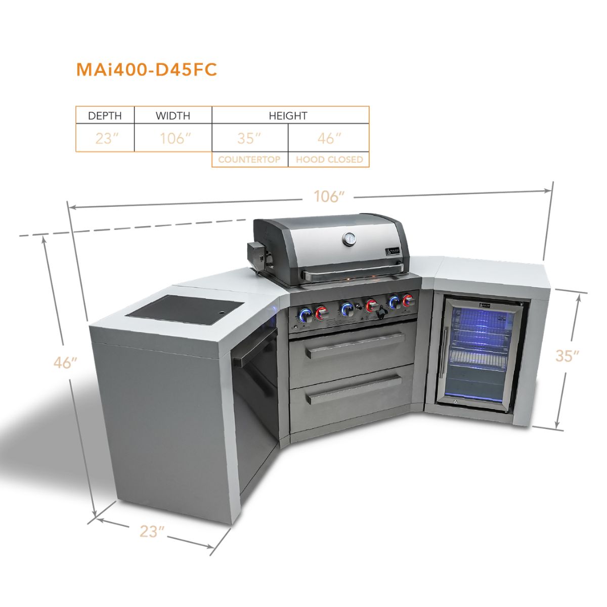 Mont Alpi 4-Burner Deluxe island with 45-degree corners and a fridge cabinet