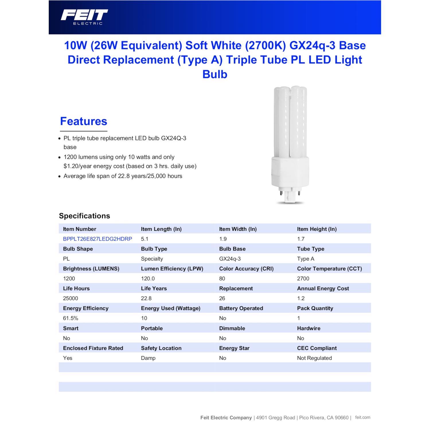 Feit LED Linear PL GX24Q-3 4-Pin LED Bulb Soft White 26 Watt Equivalence 1 pk