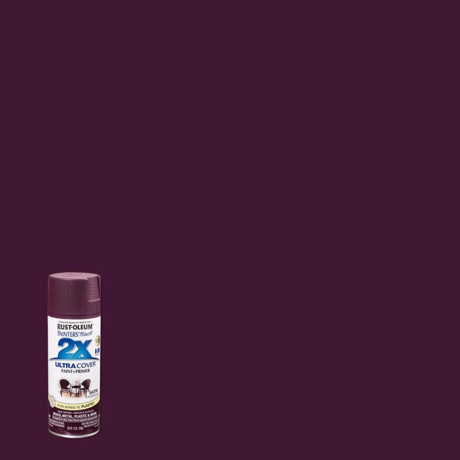 Rust-Oleum Painters Touch 2X Ultra Cover Satin Aubergine Paint+Primer Spray Paint 12 oz