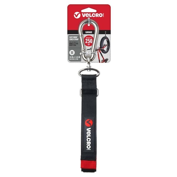 VELCRO Brand 24 in. x 1-1/4 in. Easy Hang Cin. Strap, Bundling Strap with Carabiner in Black Hook and Loop (1-Pack)