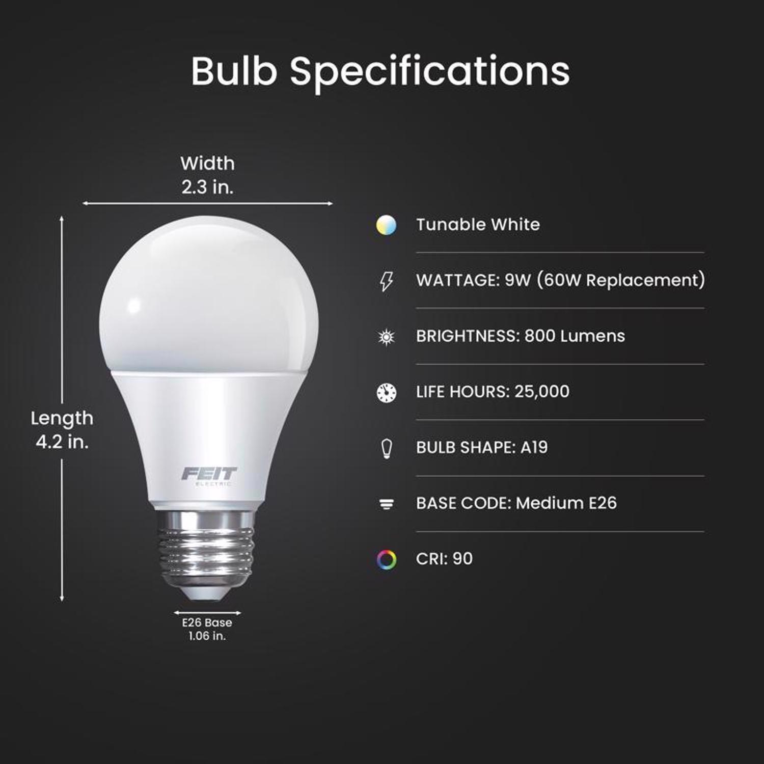 Feit A19 E26 (Medium) Smart-Enabled LED Bulb Tunable White 60 Watt Equivalence 1 pk