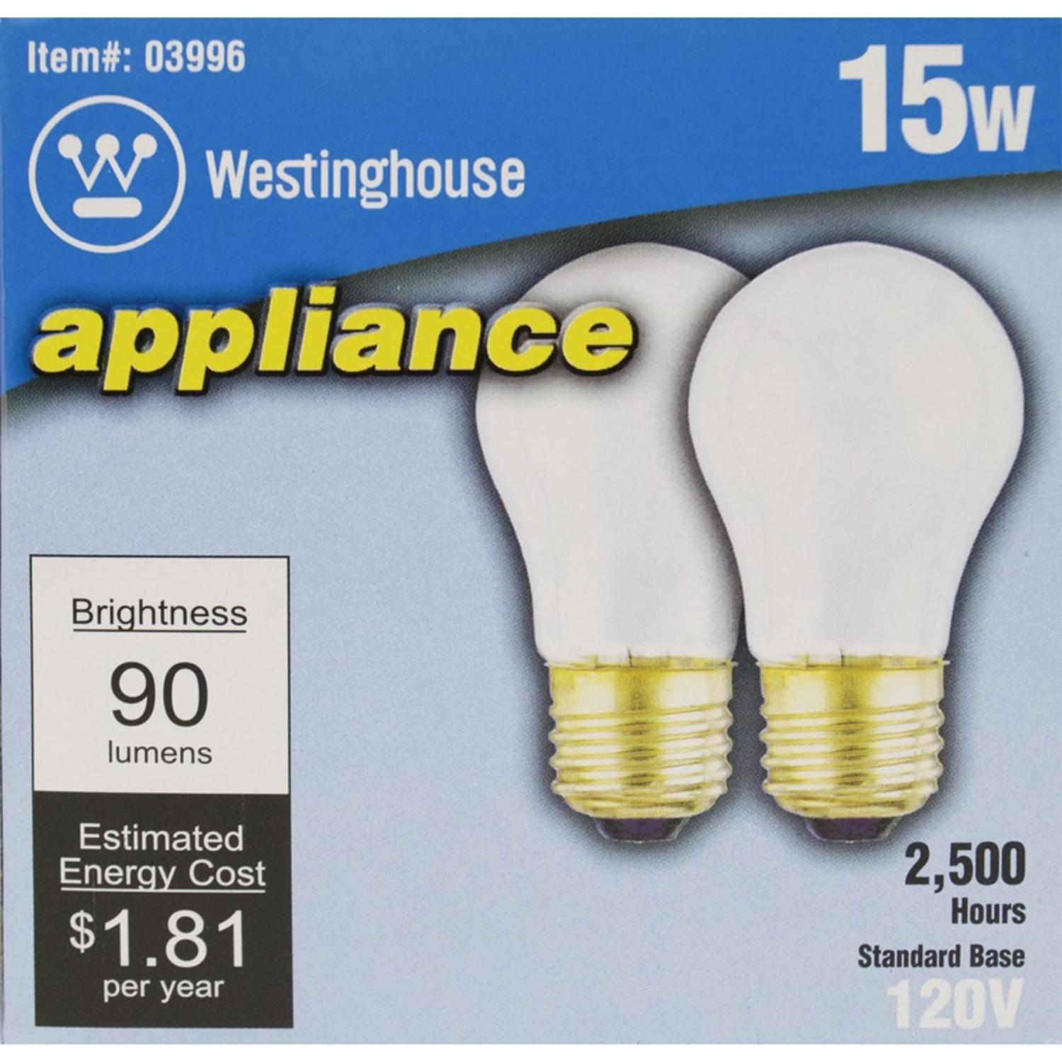 Westinghouse 15 W A15 Appliance Incandescent Bulb E26 (Medium) White 2 Pack