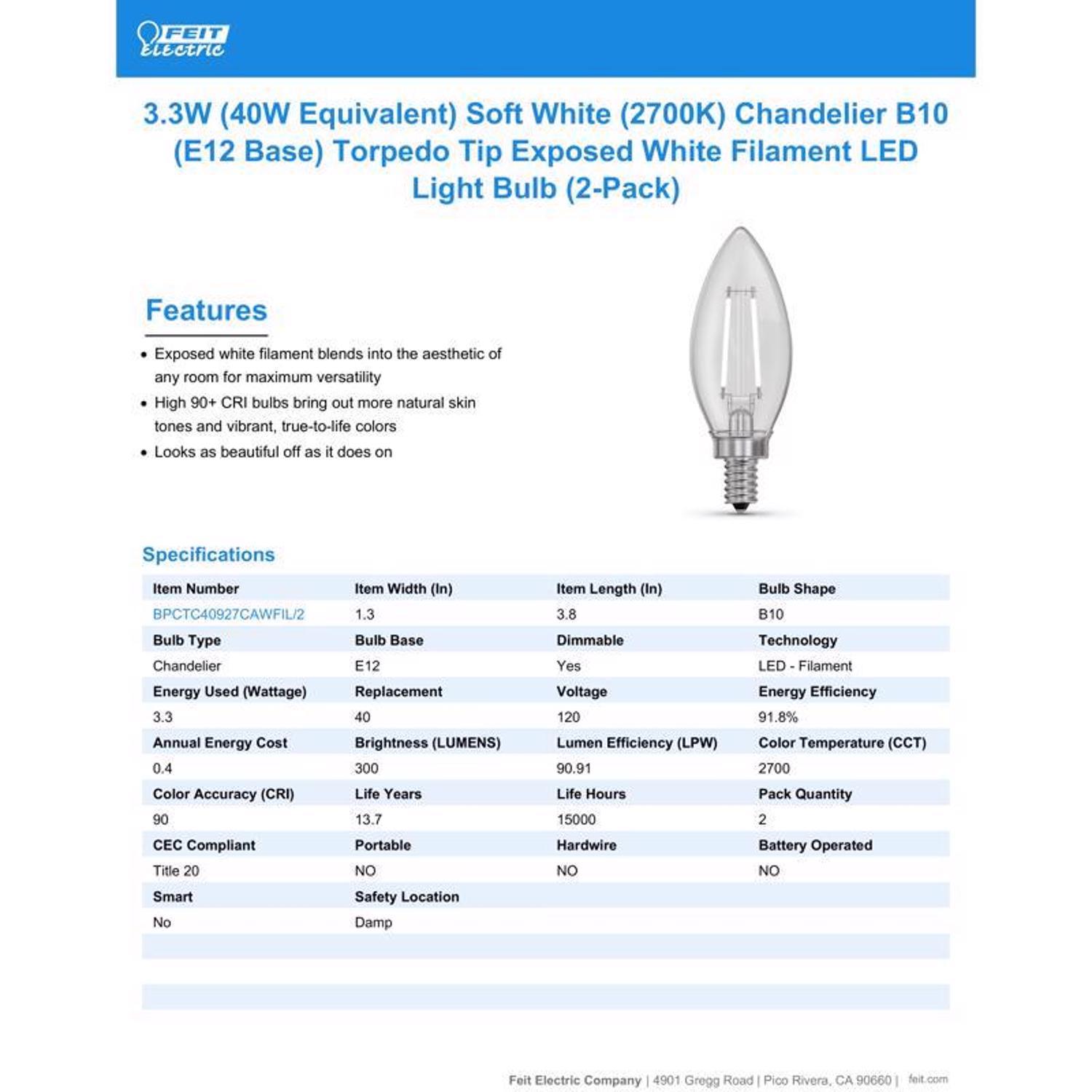 Feit White B10 E12 (Candelabra) Filament LED Bulb Soft White 40 Watt Equivalence 2 pk