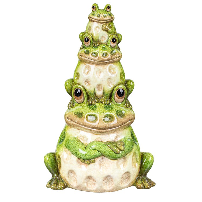 Evergreen Pollinator Garden Statue, Ceramic Stacked Frog Statue, 10.5 in. H