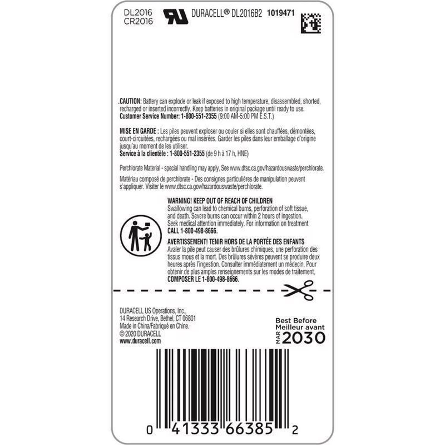 Duracell Lithium Coin 2016 3 V 0.09 mAh Medical Battery 2 pk