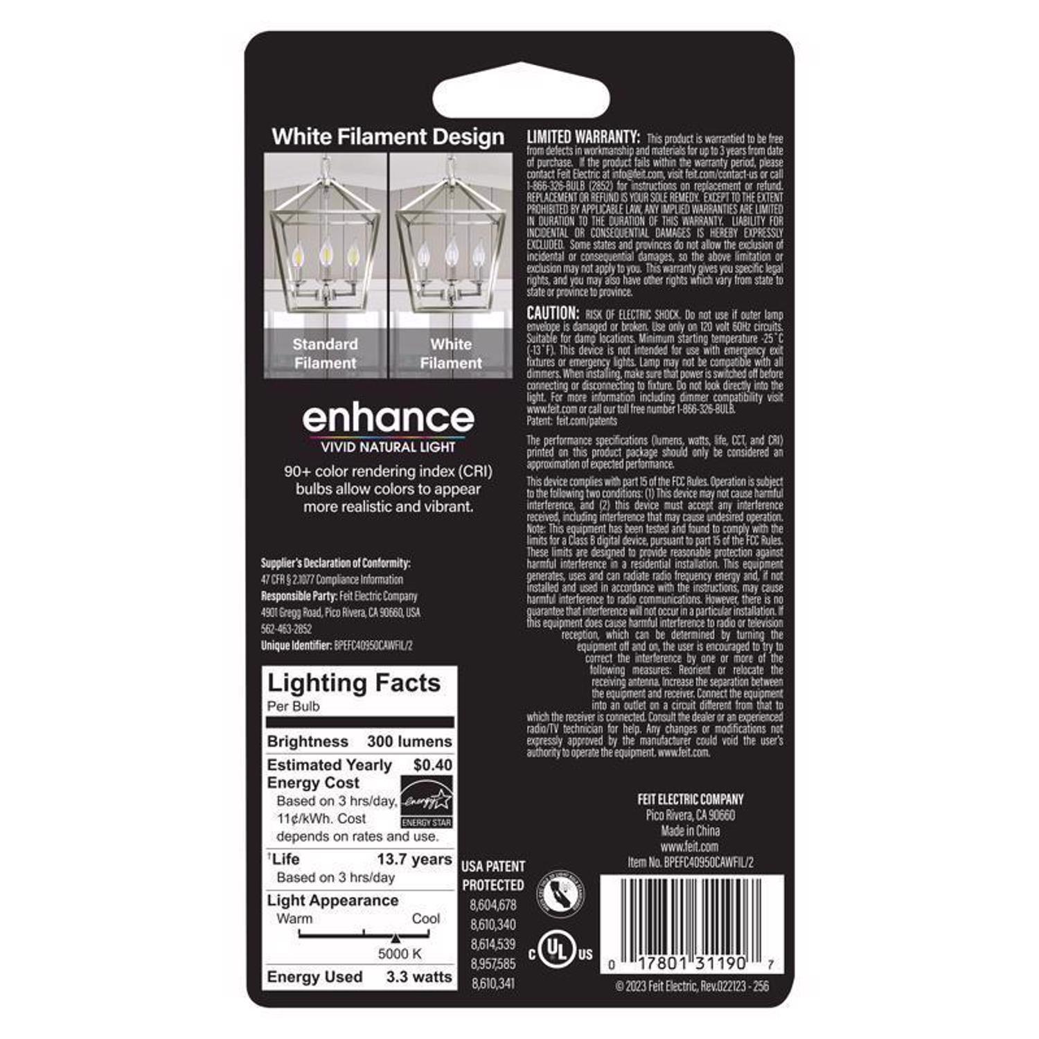Feit White BA10 E26 (Medium) Filament LED Bulb Daylight 40 Watt Equivalence 2 pk