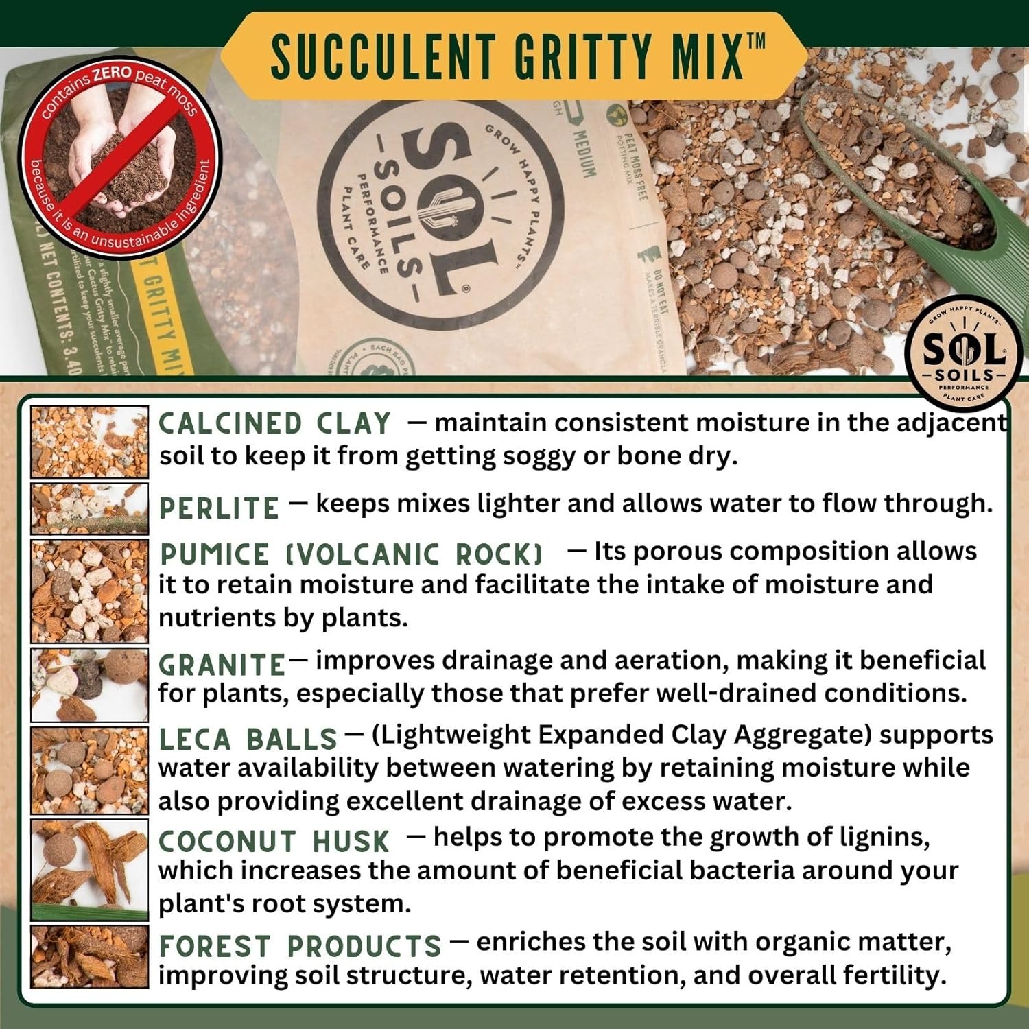 Sol Soil Succulent Gritty Mix 2 Quarts - Fast Draining Peat Moss Free Succulent Soil Potting Mix with Coconut Husk Chips, Perlite & Pumice
