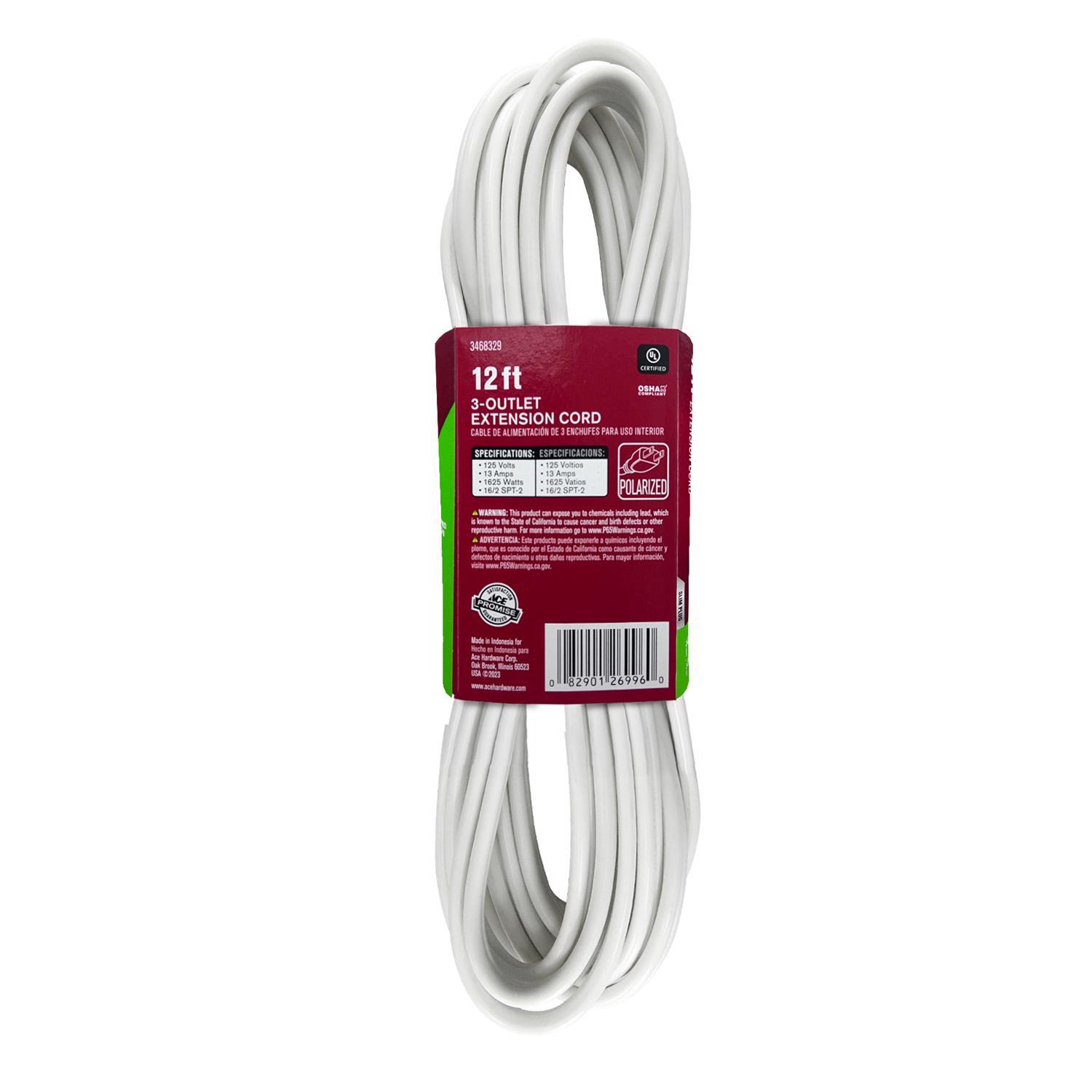 Ace Indoor 12 ft. L White Extension Cord