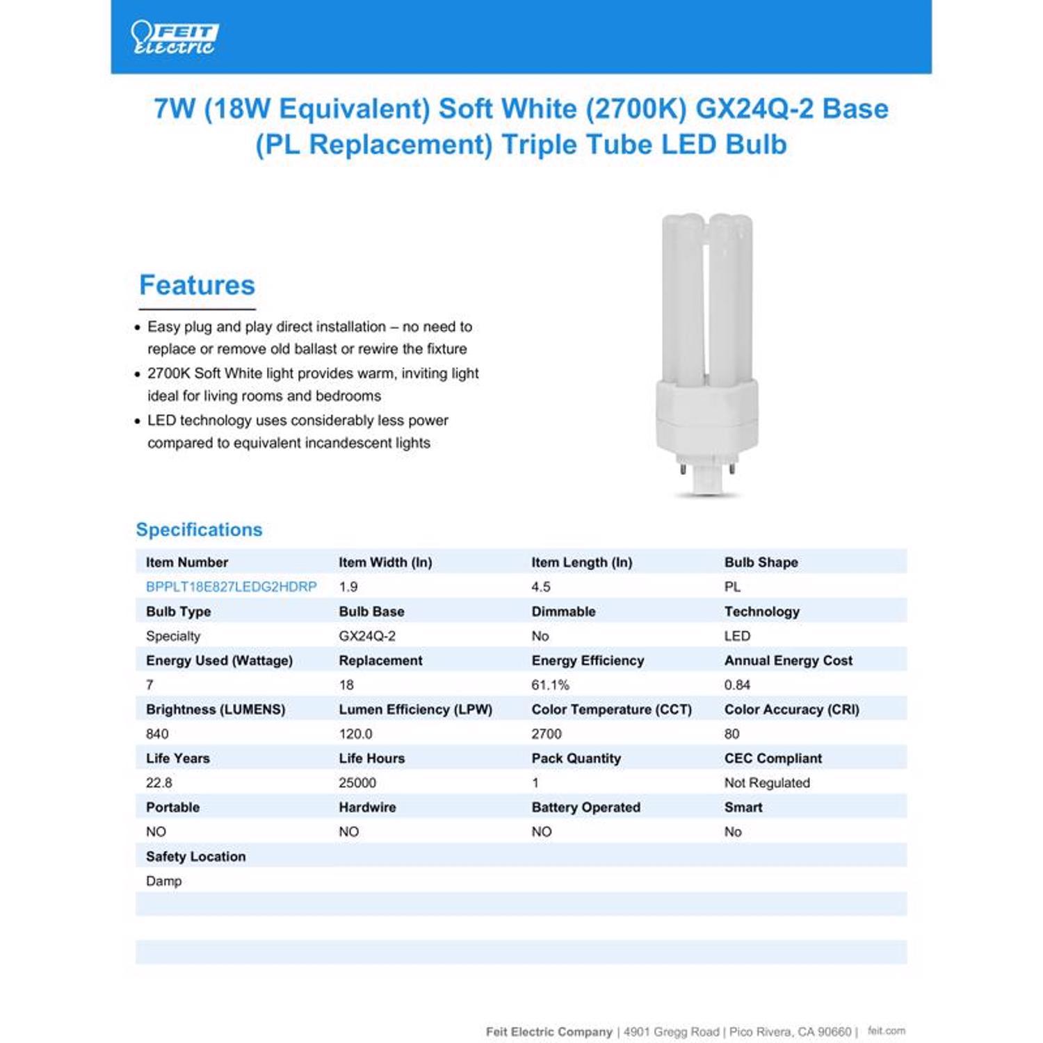 Feit Linear PL GX24Q-2 LED Bulb Soft White 18 Watt Equivalence 1 pk