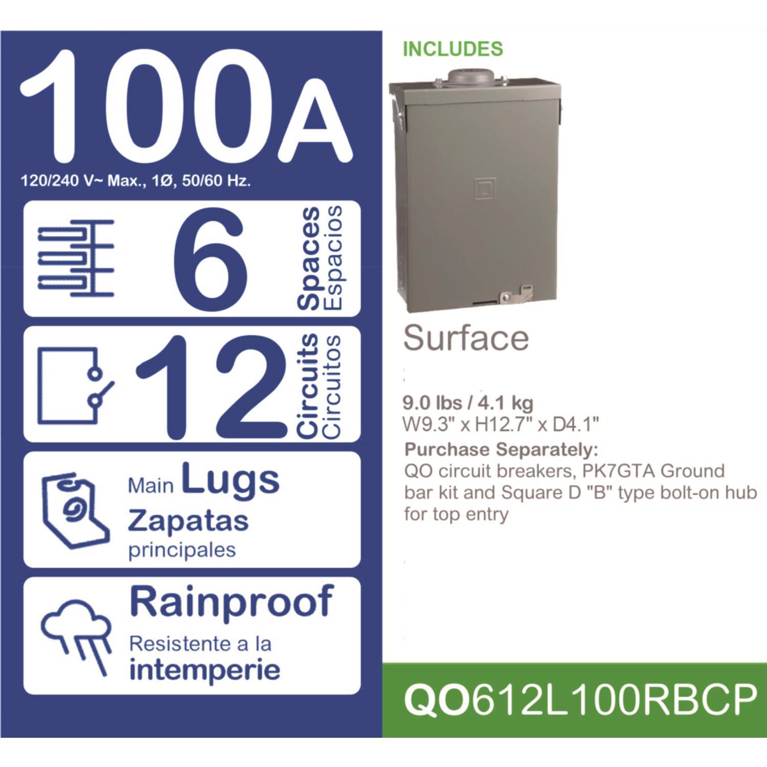 Square D QO 100 amps 120/240 V 6 space 12 circuits Combination Mount Main Lug Load Center