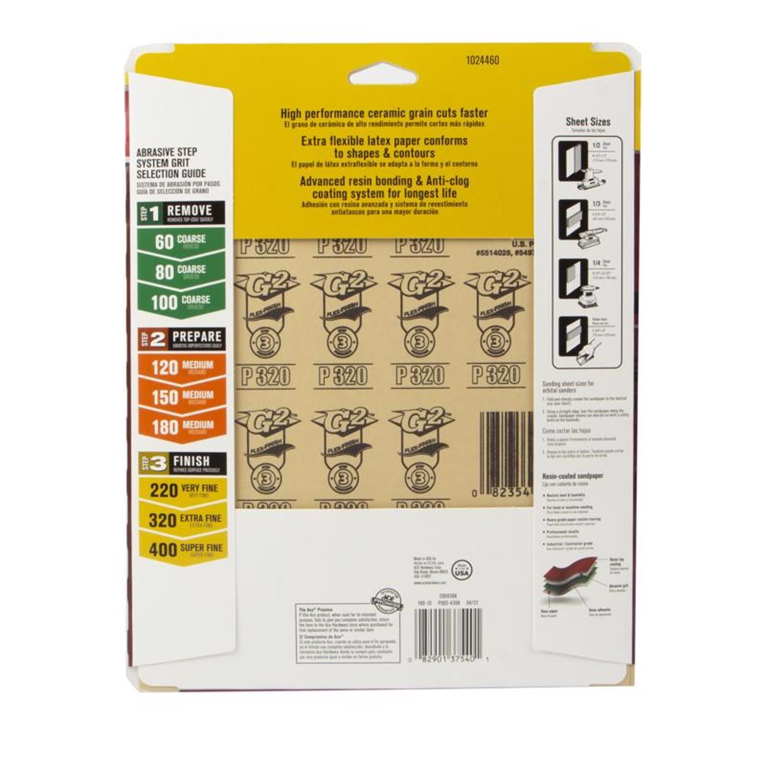 Ace 11 in. L X 9 in. W 320 Grit Aluminum Oxide All Purpose Sandpaper 4 pk