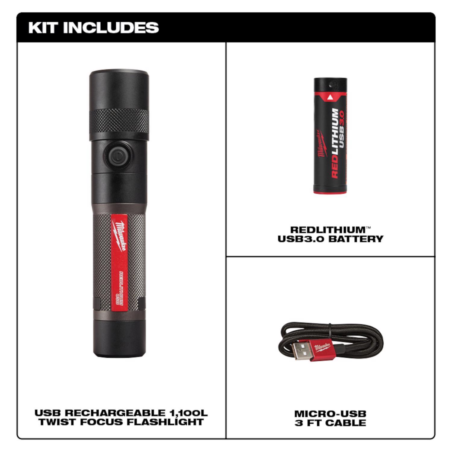 Milwaukee Redlithium 1100 lm Black LED Rechargeable Twist Flashlight